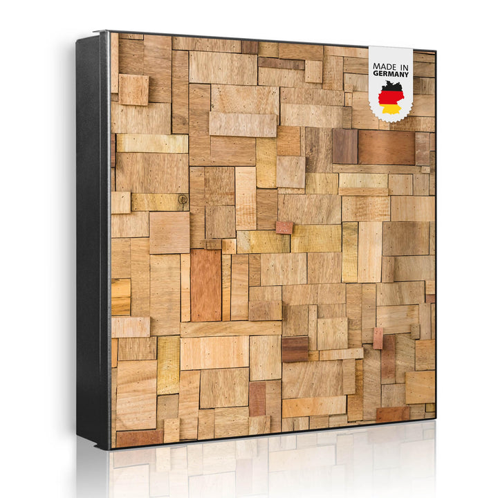 banjado® Grosser Schlüsselkasten Glas/Schlüsselbox 30cm x 30cm mit 50 Haken - Motiv Hölzernes Flickw