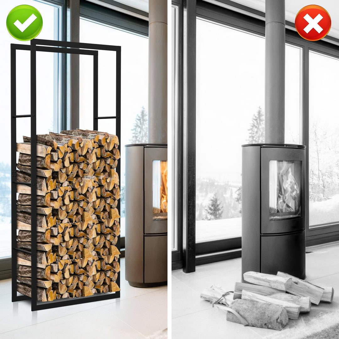 Ikodm kaminholzregal Innen und Aussen, Metall Brennholzregal aussen 60 x 25 x 150CM, Holzstapelhilfe
