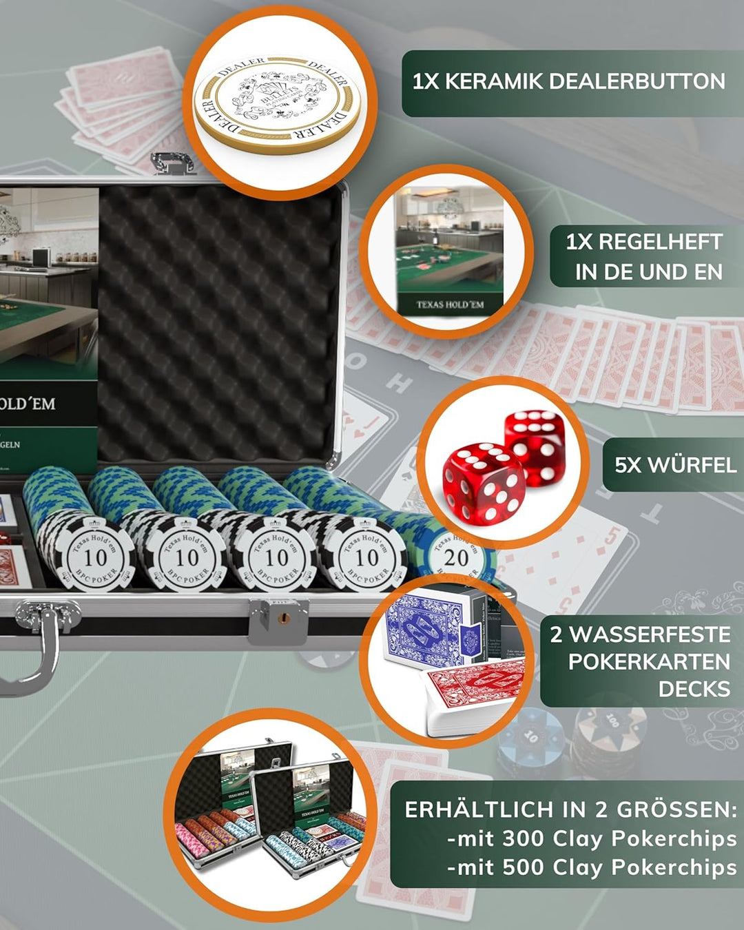 Bullets Playing Cards | Pokerkoffer „Carmela“ mit 500 Clay Pokerchips 14g | Pokerset mit Karten, Wür