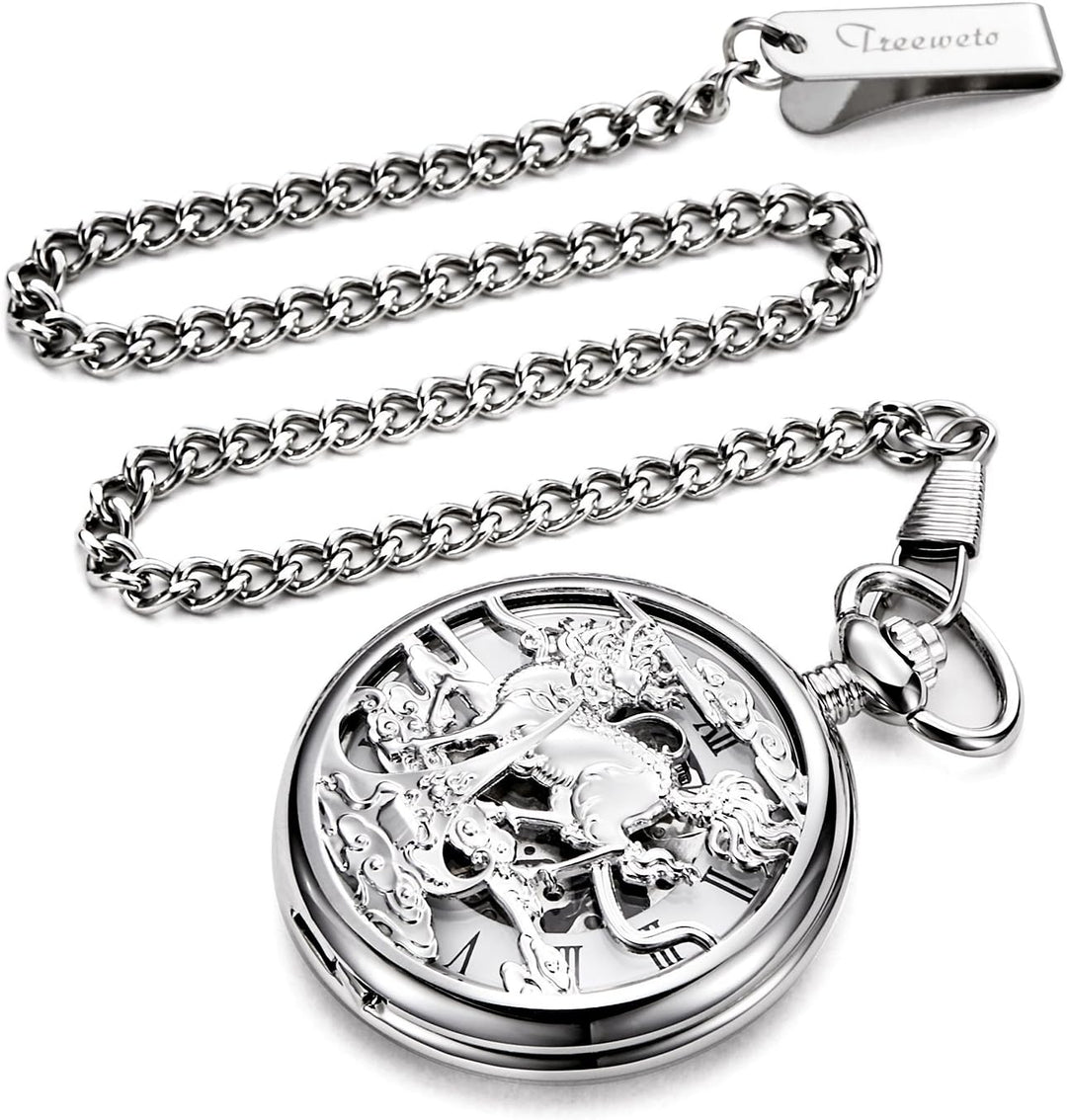 TREEWETO Unisex Taschenuhr mit Kette Analog Handaufzug Einhorn Kylin Skelett Silber