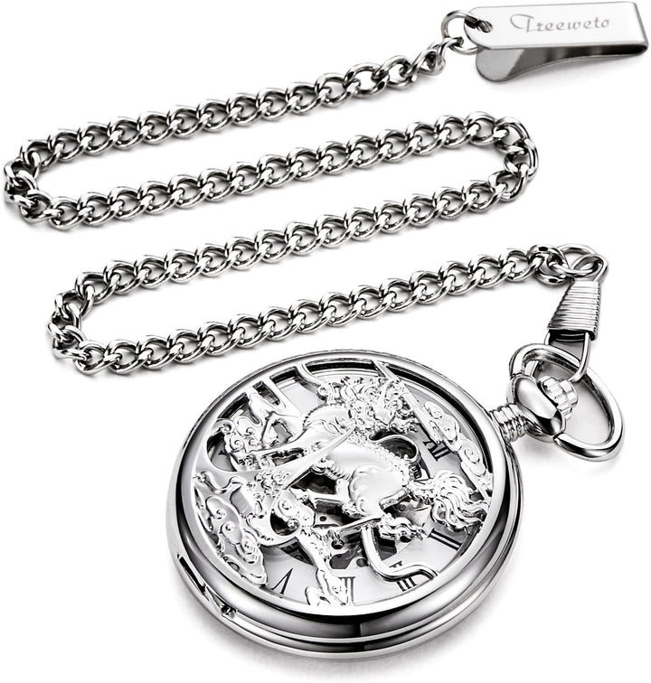 TREEWETO Unisex Taschenuhr mit Kette Analog Handaufzug Einhorn Kylin Skelett Silber