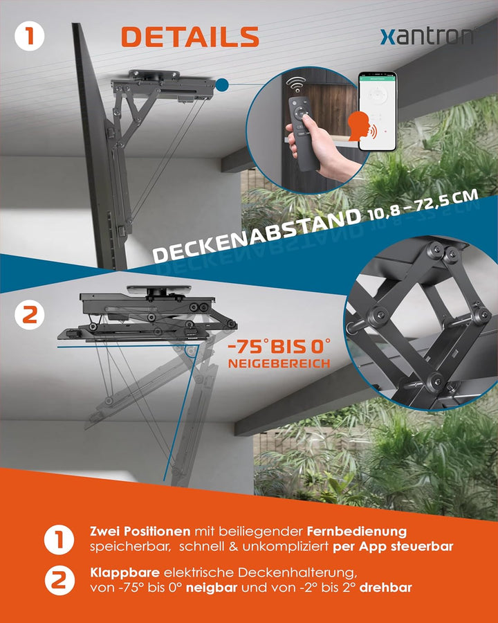Xantron® DEHA-600E-Roto TV Deckenhalterung Elektrisch Klappbar Neigbar & Drehbar / 32-75 Zoll [Sprac