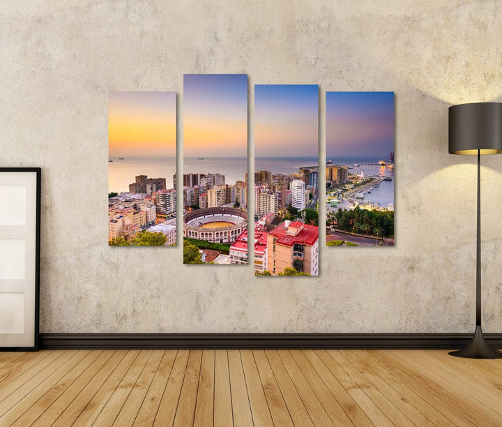 islandburner Bild auf Leinwand Malaga Spanien Stadtbild Meer Dämmerung Skyline in Richtung Mittelmee