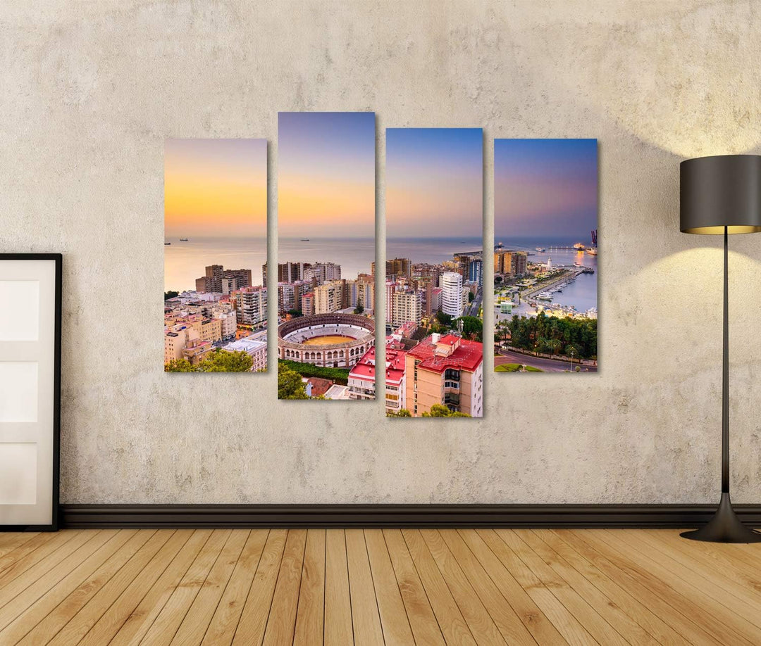 islandburner Bild auf Leinwand Malaga Spanien Stadtbild Meer Dämmerung Skyline in Richtung Mittelmee