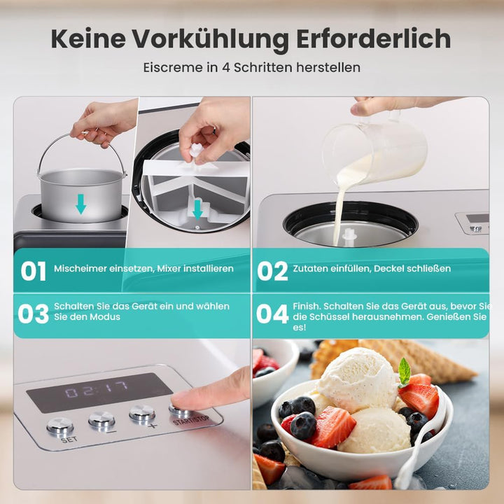 Acmeenjoy Eismaschine mit Kompressor 2L, Eismaschine Selbstkühlend Edelstahl 150W, mit Entnehmbarem