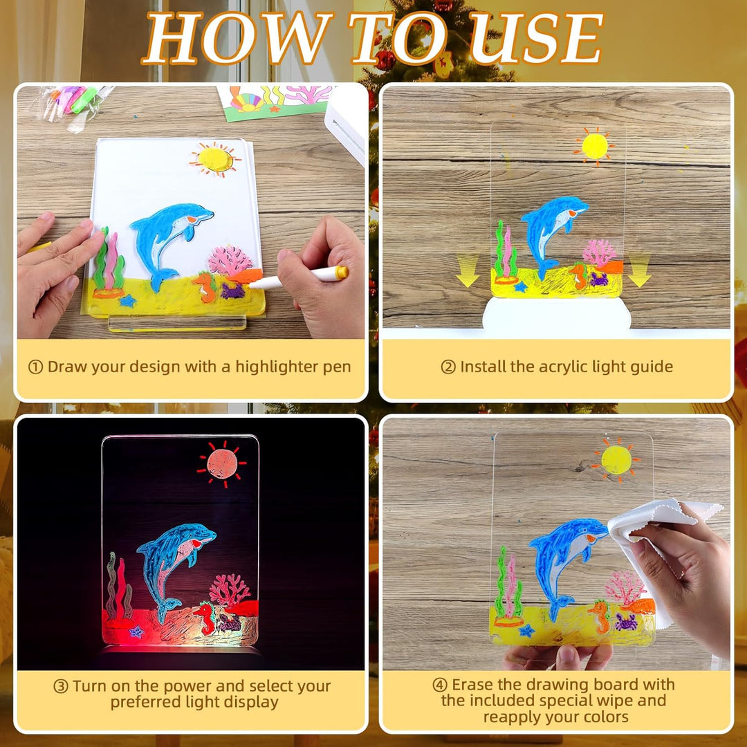 Leuchtendes Led Zeichenbrett für Kinder, 20x15cm Transparente Acryl Notiztafel mit 6 Farben Stift, D