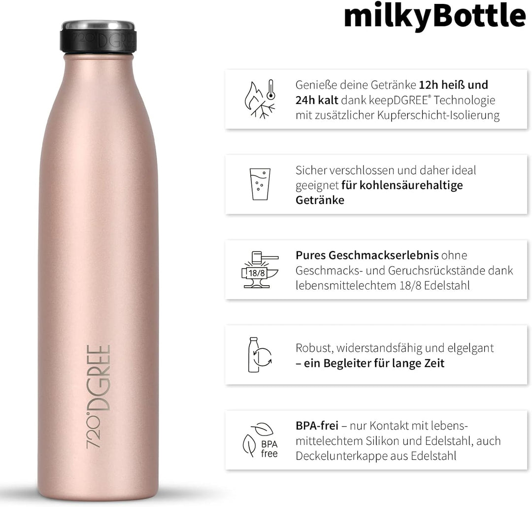 720°DGREE Edelstahl Trinkflasche “milkyBottle” - 750ml - BPA-Frei, Auslaufsicher, Kohlensäure geeign