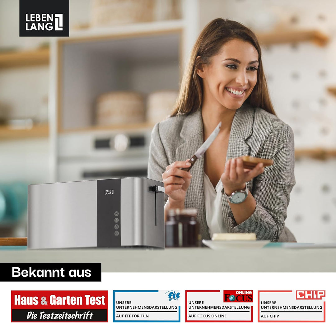 LEBENLANG Langschlitz Toaster 4 Scheiben mit Brötchenaufsatz - Touchscreen LED Display & 7 Stufen I