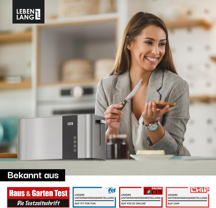 LEBENLANG Langschlitz Toaster 4 Scheiben mit Brötchenaufsatz - Touchscreen LED Display & 7 Stufen I