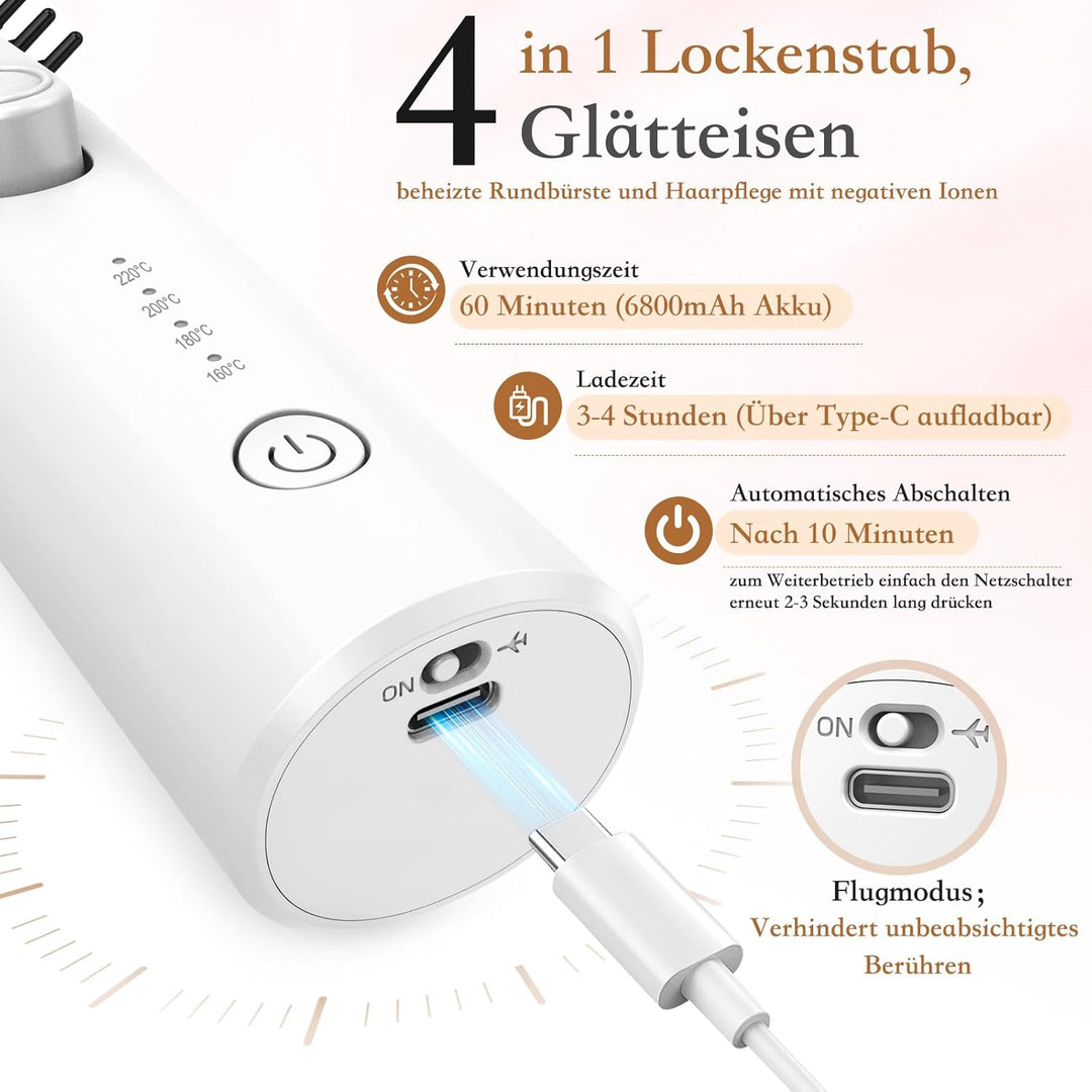 Kabellose Lockenstabbürste, Tragbare Reise Lockenstab, 6800 mAh USB-aufladbare Mini Lockenbürste Sty