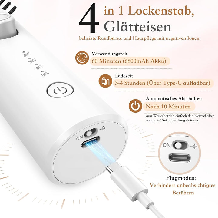 Kabellose Lockenstabbürste, Tragbare Reise Lockenstab, 6800 mAh USB-aufladbare Mini Lockenbürste Sty