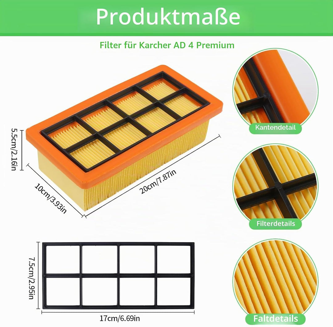 2 Stück Filter für Kärcher AD 4 Premium, AD 4, AD 2, AD 2 Battery, AD 3, AD 3 Premium, AD 3200, AD 3