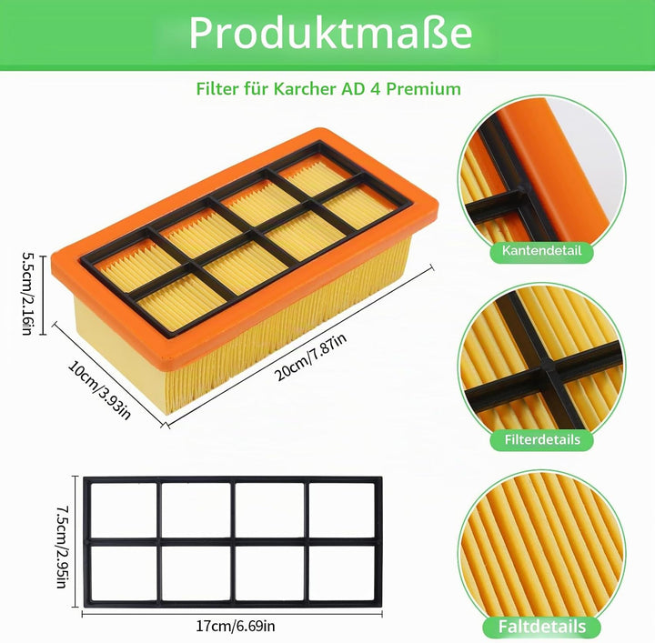 2 Stück Filter für Kärcher AD 4 Premium, AD 4, AD 2, AD 2 Battery, AD 3, AD 3 Premium, AD 3200, AD 3