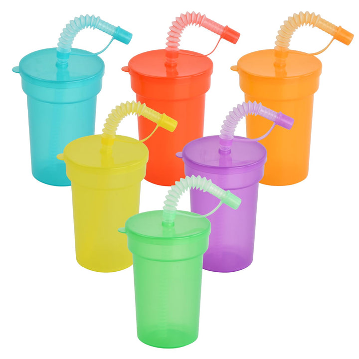 Trinkbecher, 6 Stück Wiederverwendbare Plastikbecher mit Deckel und Strohhalmen, Farbige Kunststoff
