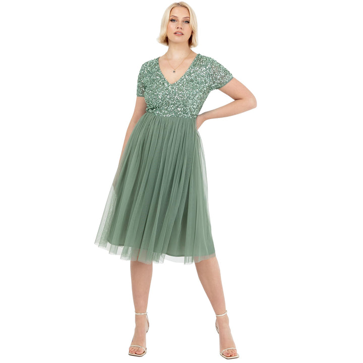 Maya Deluxe Damen Midi-Kleid mit V-Ausschnitt, Verziert Brautjungfernkleid Deep Mint 34, Deep Mint 3