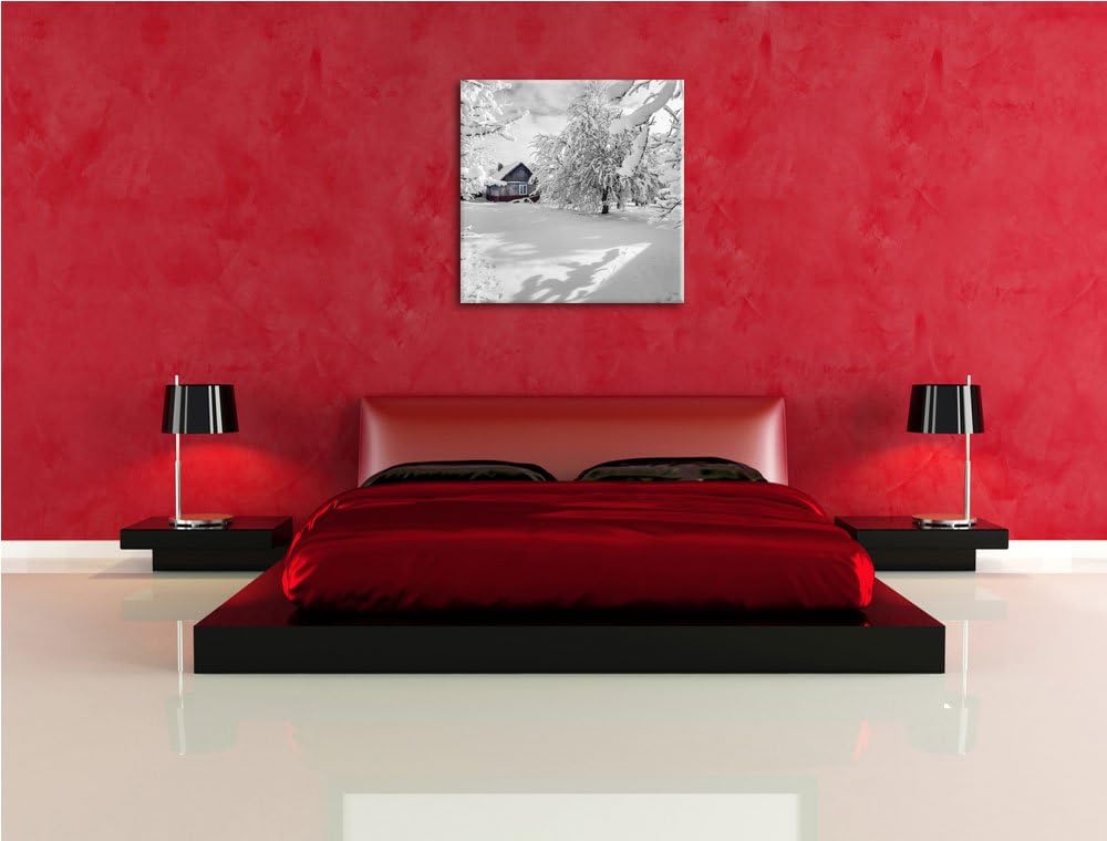Pixxprint einsame Hütte in schöner Winterlandschaft schwarz/weiss, Format: 70x70 auf Leinwand, 70x70