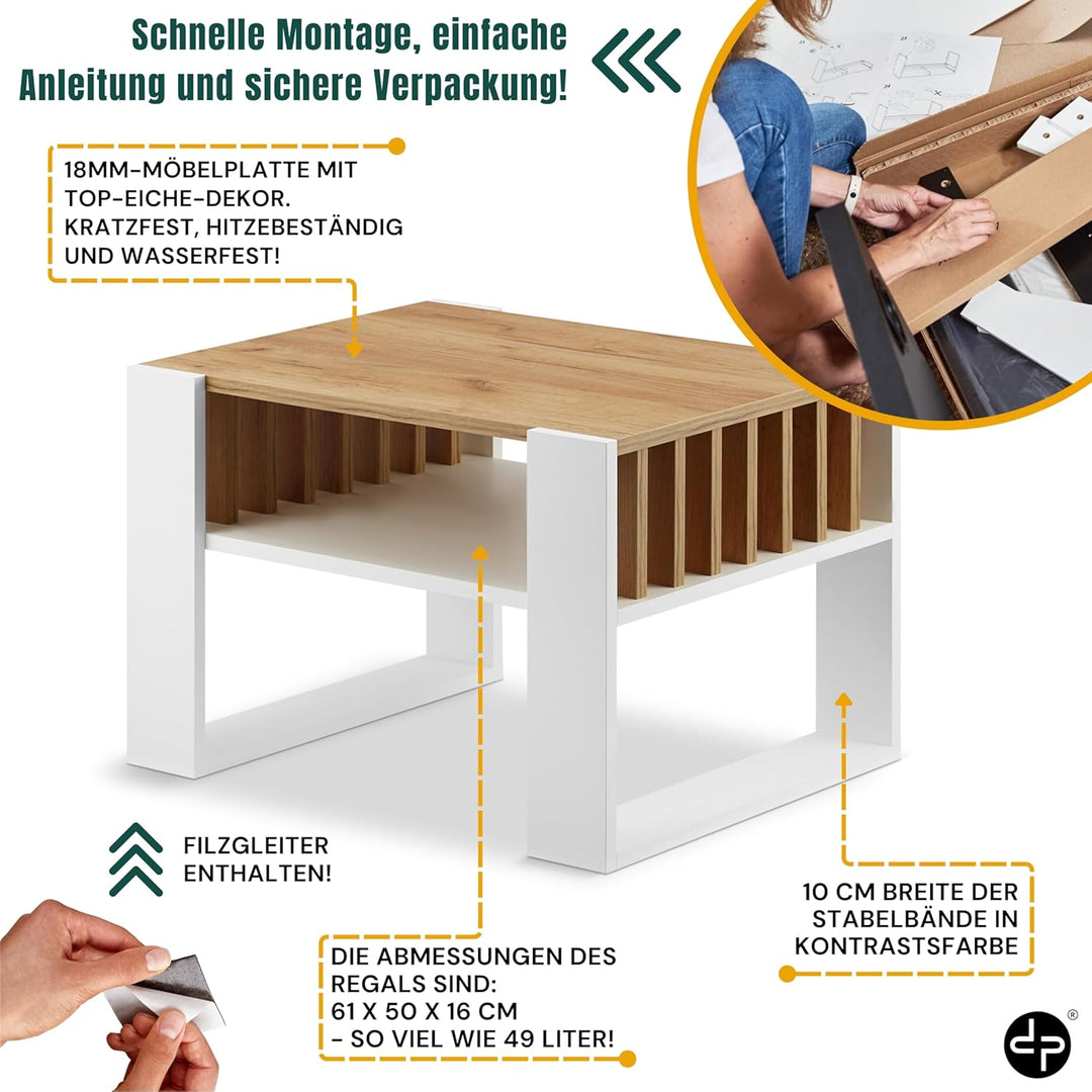 defiPad® Couchtisch mit Stauraum | 65CM Breite Kaffeetisch mit Lammelas | Modern Wohnzimmertisch Eic