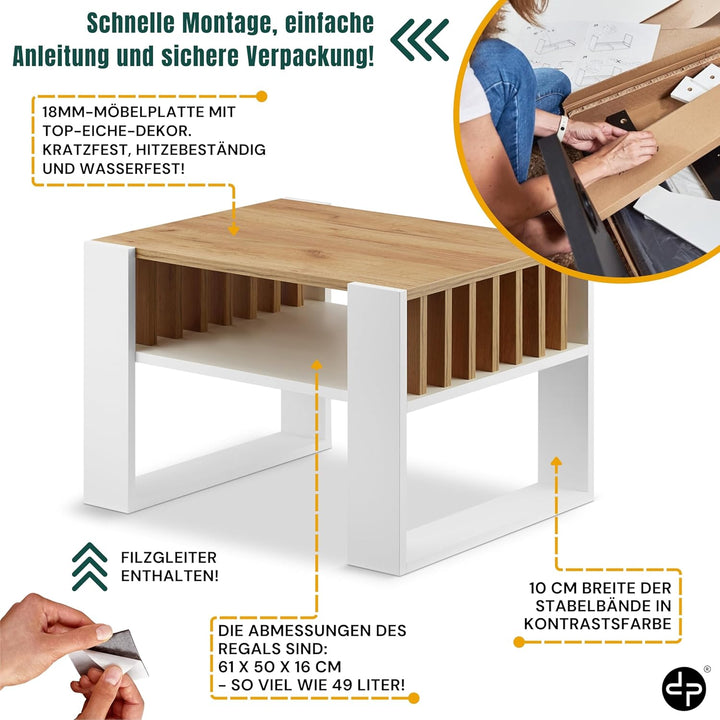 defiPad® Couchtisch mit Stauraum | 65CM Breite Kaffeetisch mit Lammelas | Modern Wohnzimmertisch Eic