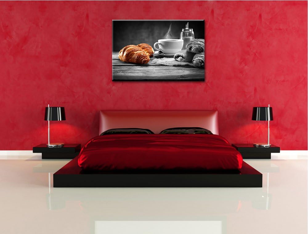 Croissants mit frischem Kaffee schwarz/weiss Format: 100x70 auf Leinwand, XXL riesige Bilder fertig
