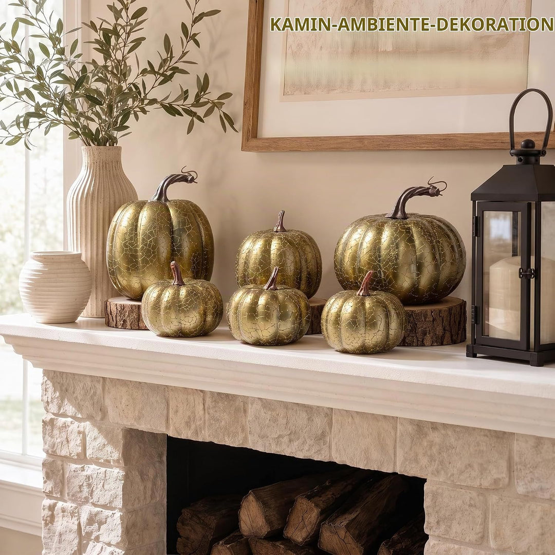 6 Stück Kürbis Deko Herbst,Künstlicher Kürbisse für Halloween Gold, Gold