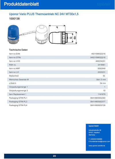 Uponor Thermomotor, Servomotor, TA24, 24V, 1000138