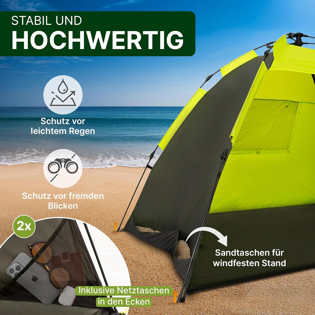 EXPLORER XXL Automatik Strandmuschel mit UV Schutz 80+ [220x150x130cm] kleines Packmass leicht und s