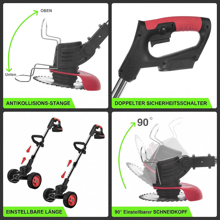 Rasentrimmer mit Rädern, 3-in-1 Freischneider &amp; Rasenkantenschneider, 24 V Akku-Rasenmäher Set mit 2