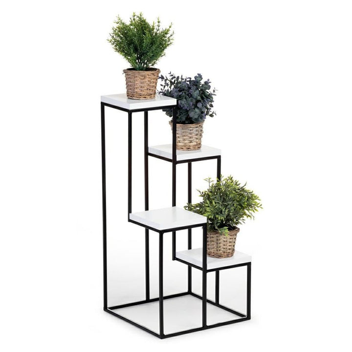 4 Etagen Blumentreppe - Metall Pflanzentreppe 70 cm Hoch - Blumenregal mit MDF-Platten in Weiss für