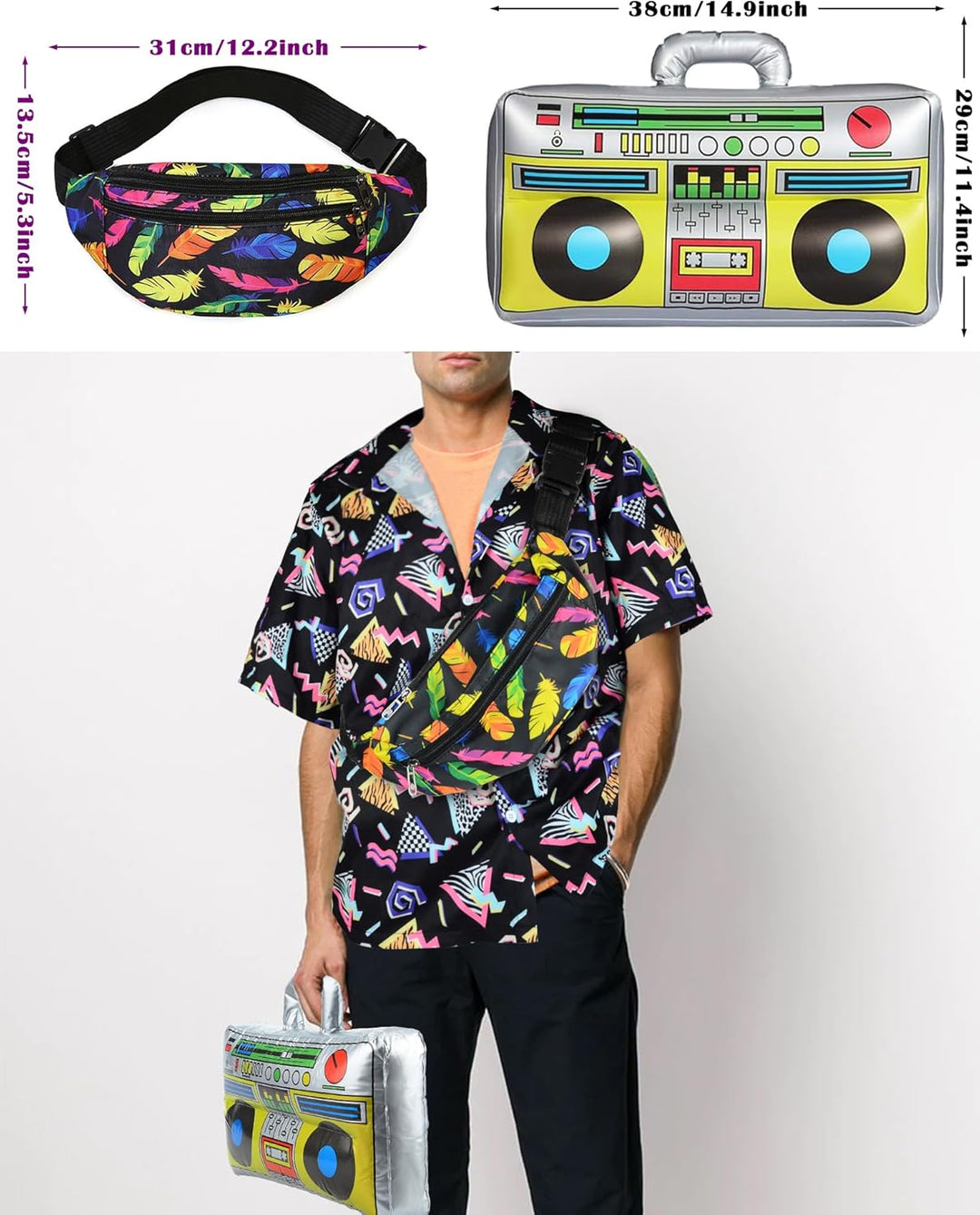 BIQIQI 80er Jahre Outfit Herren 80er Jahre Kleidung Set Rapper Zubehör mit Eimer Hut Gläser Hemd Bau