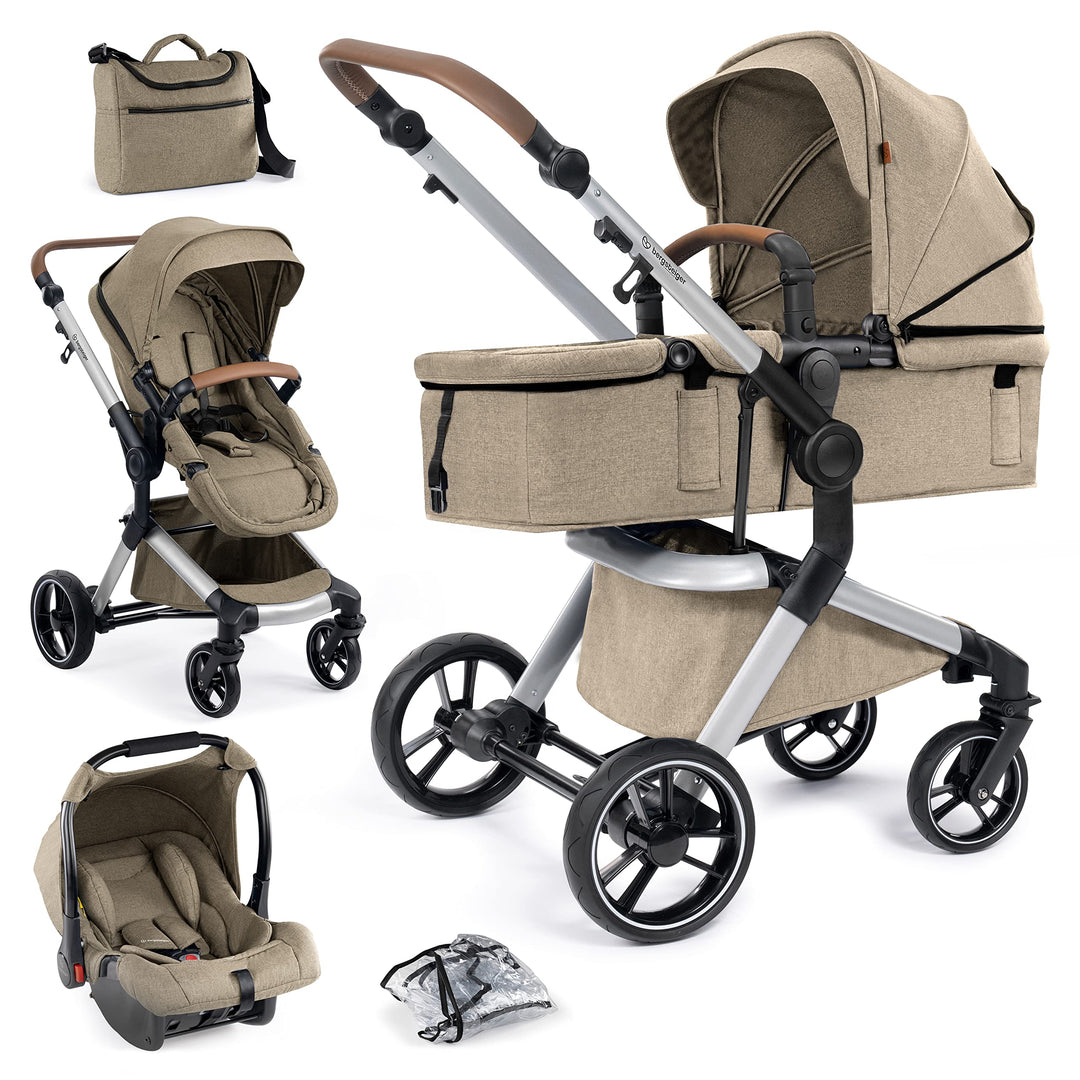 Bergsteiger Kinderwagen Lugo 3in1 | Kombikinderwagen Komplettset inkl. Zubehör - Babyschale, Buggy-A
