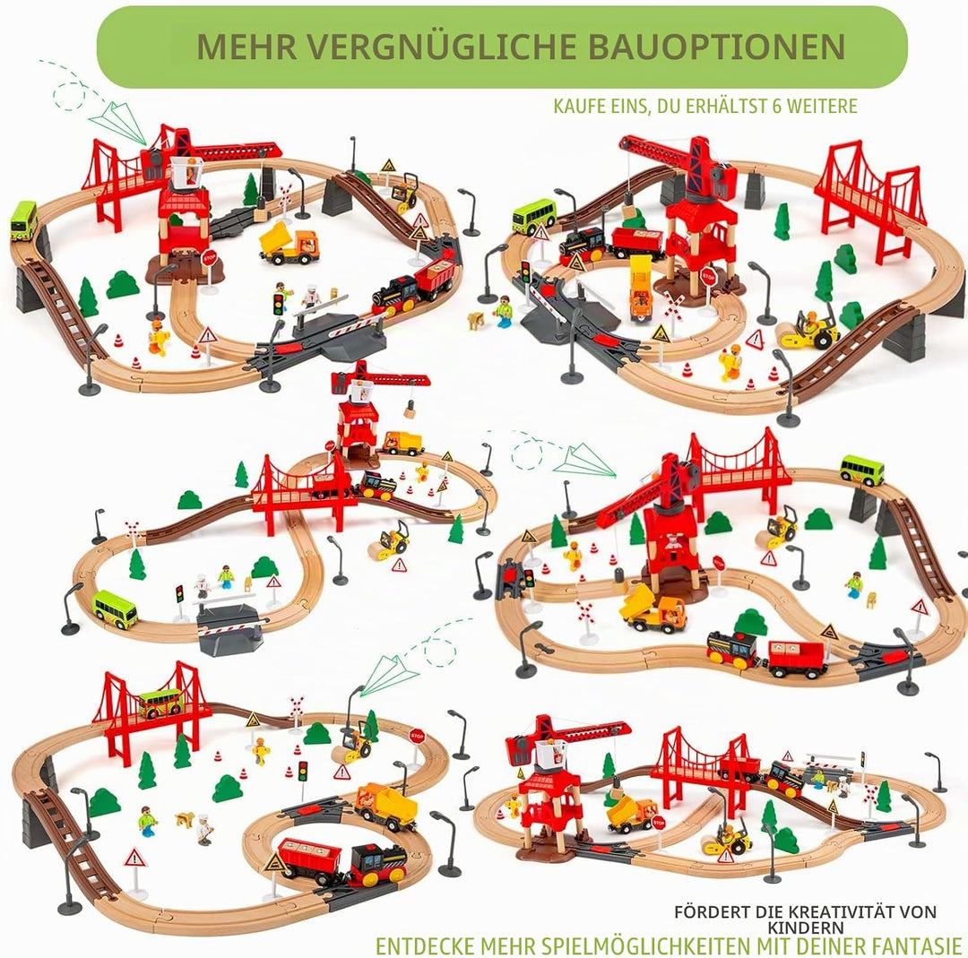 86PCS Holzeisenbahn Set mit Kran, Eisenbahn Holz mit Kran Spielzeug, Holz Eisenbahn Kinder, Passend