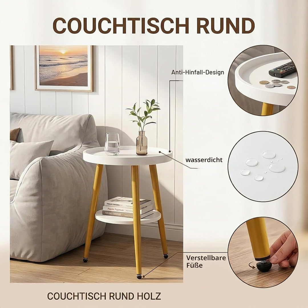 Beistelltisch Rund Holz | Runder Beistelltische Wohnzimmer | Couchtisch Klein mit Unterem Ablage | S