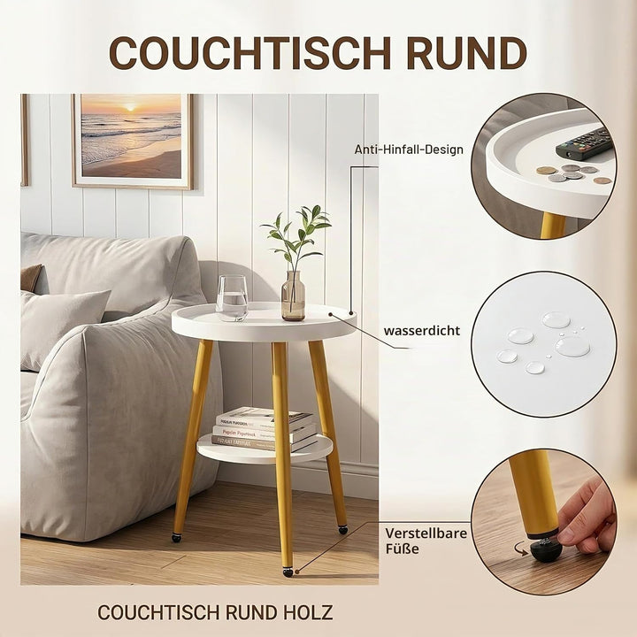 Beistelltisch Rund Holz | Runder Beistelltische Wohnzimmer | Couchtisch Klein mit Unterem Ablage | S