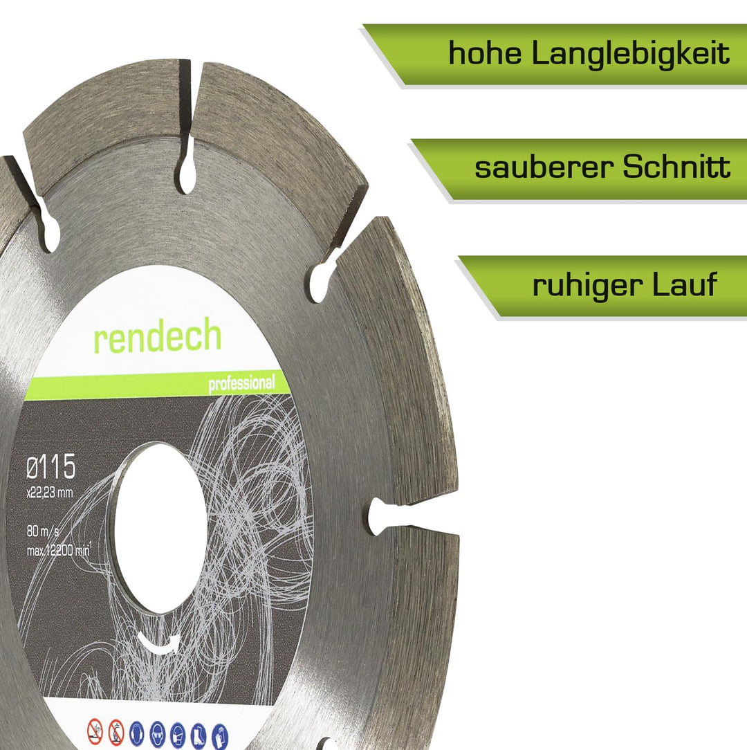 rendech® Profi Diamantscheibe 115mm für Beton, Mauerwerk, Granit, Stein, Ziegel uvm. - Diamanttrenns