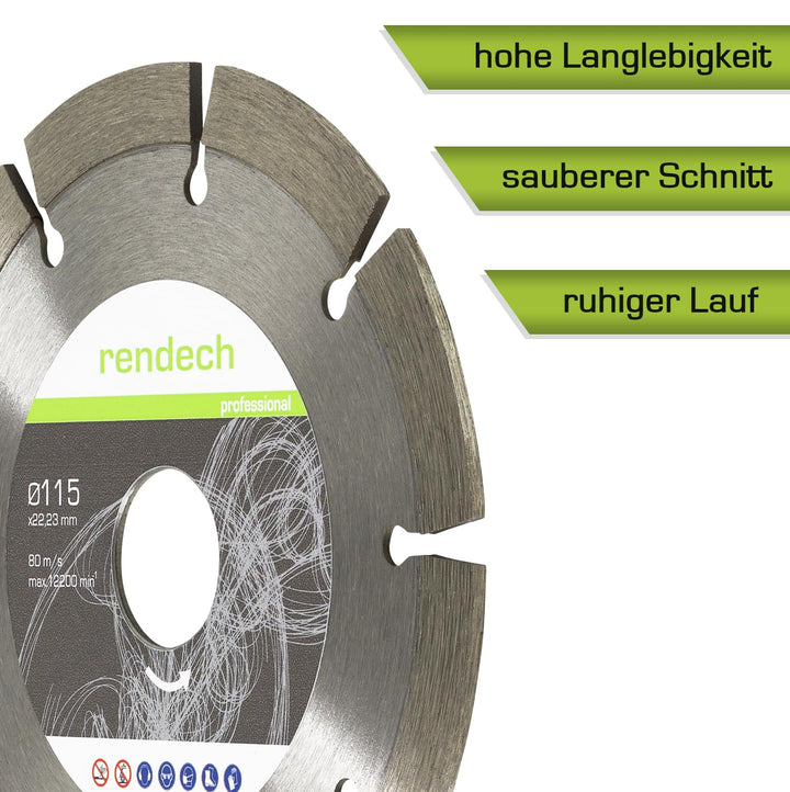rendech® Profi Diamantscheibe 115mm für Beton, Mauerwerk, Granit, Stein, Ziegel uvm. - Diamanttrenns