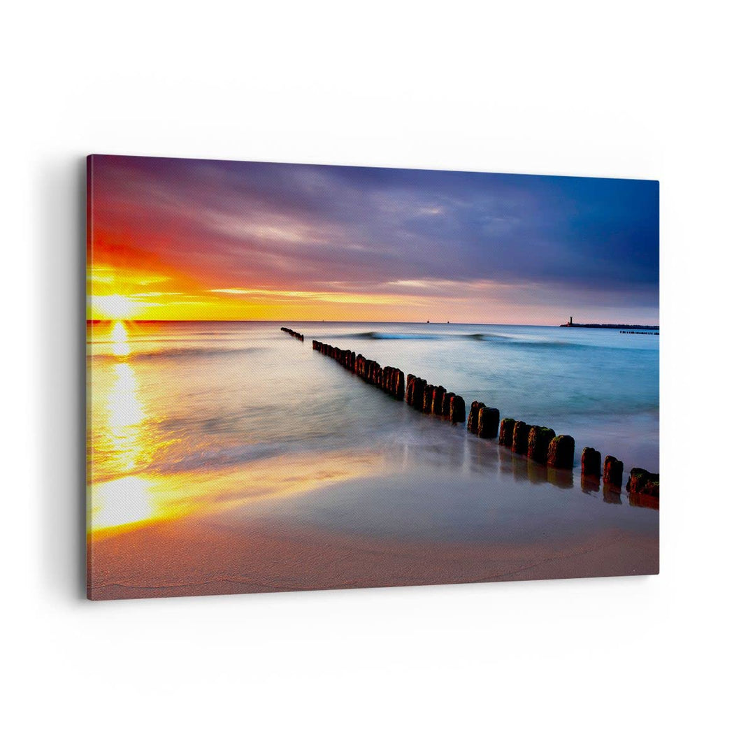 Bilder auf Leinwand 100x70cm Leinwandbild Meer Küste Strand Sonnenaufgang Gross Wanddeko Bild Schlaf
