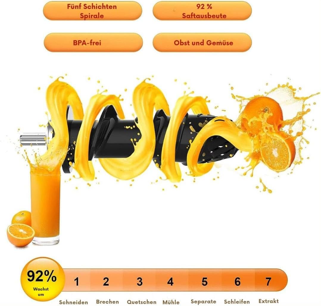 Slow Juicer mit 200W Motor, leise, Umkehrfunktion, schonende Saftpresse, langsame Rotation, einfache