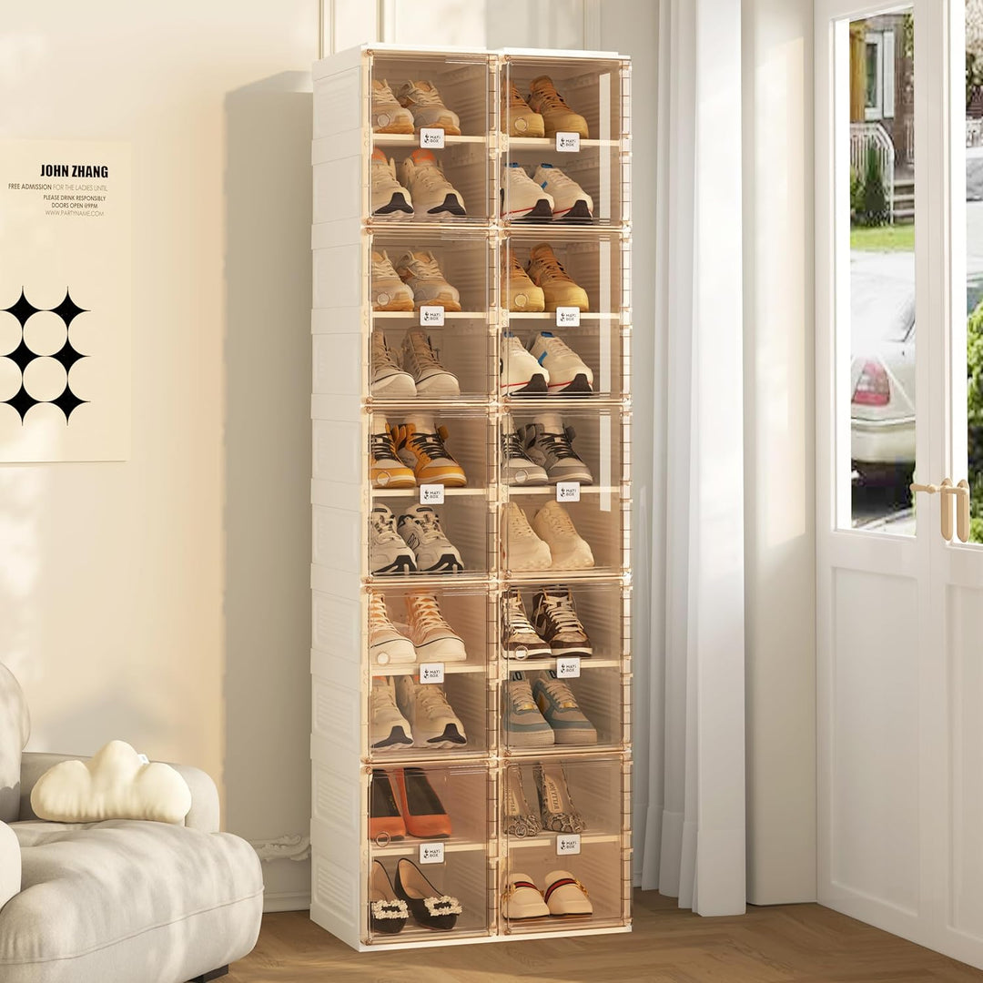 Transparente schuhregal,schuhboxen stapelbar Braun, mit magnetischer Tür, für Stöckelschuhe, Stiefel