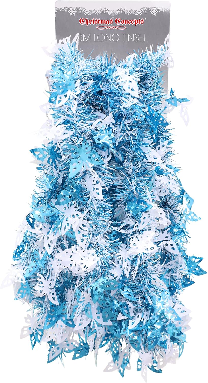 Christmas Concepts® 3m Blau & Weiss Lametta mit Schmetterlingen - Weihnachtsschmuck Blau & Weiss mit