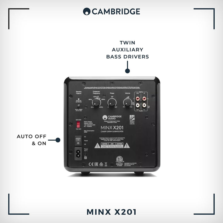 Cambridge Audio Minx X201-200 Watt Aktiv-Subwoofer mit Zwei zusätzlichen Basstreibern und voll einst