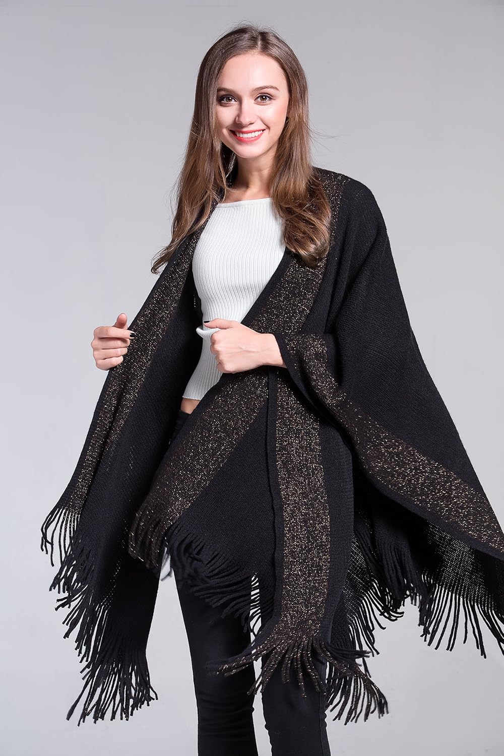 ZLYC Damen Weiche Schlichte Poncho Capes Retro Cardigans Pullover Schwarz, Schwarz