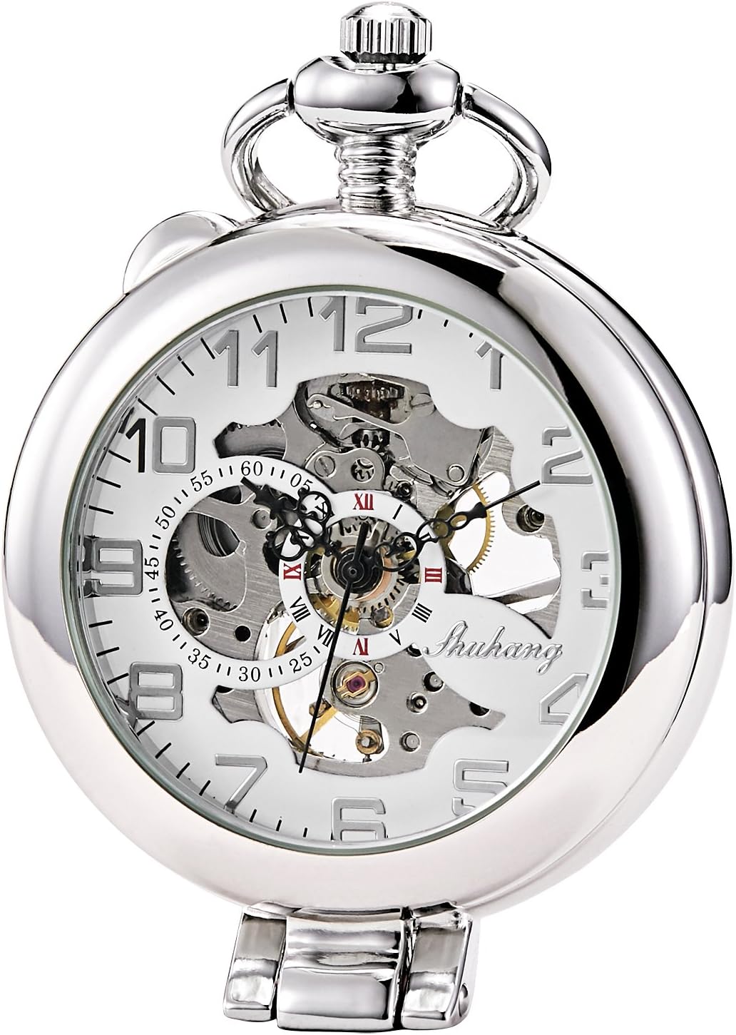 TREEWETO Unisex Taschenuhr mit Kette Analog Handaufzug Stehende Lupe Skelett Silber