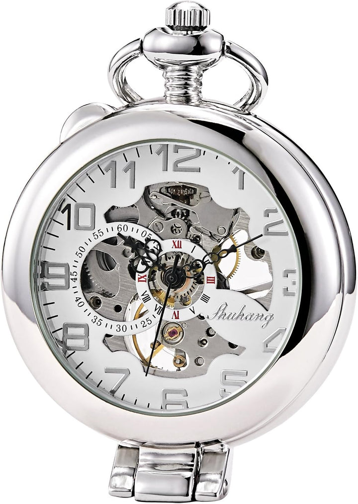 TREEWETO Unisex Taschenuhr mit Kette Analog Handaufzug Stehende Lupe Skelett Silber