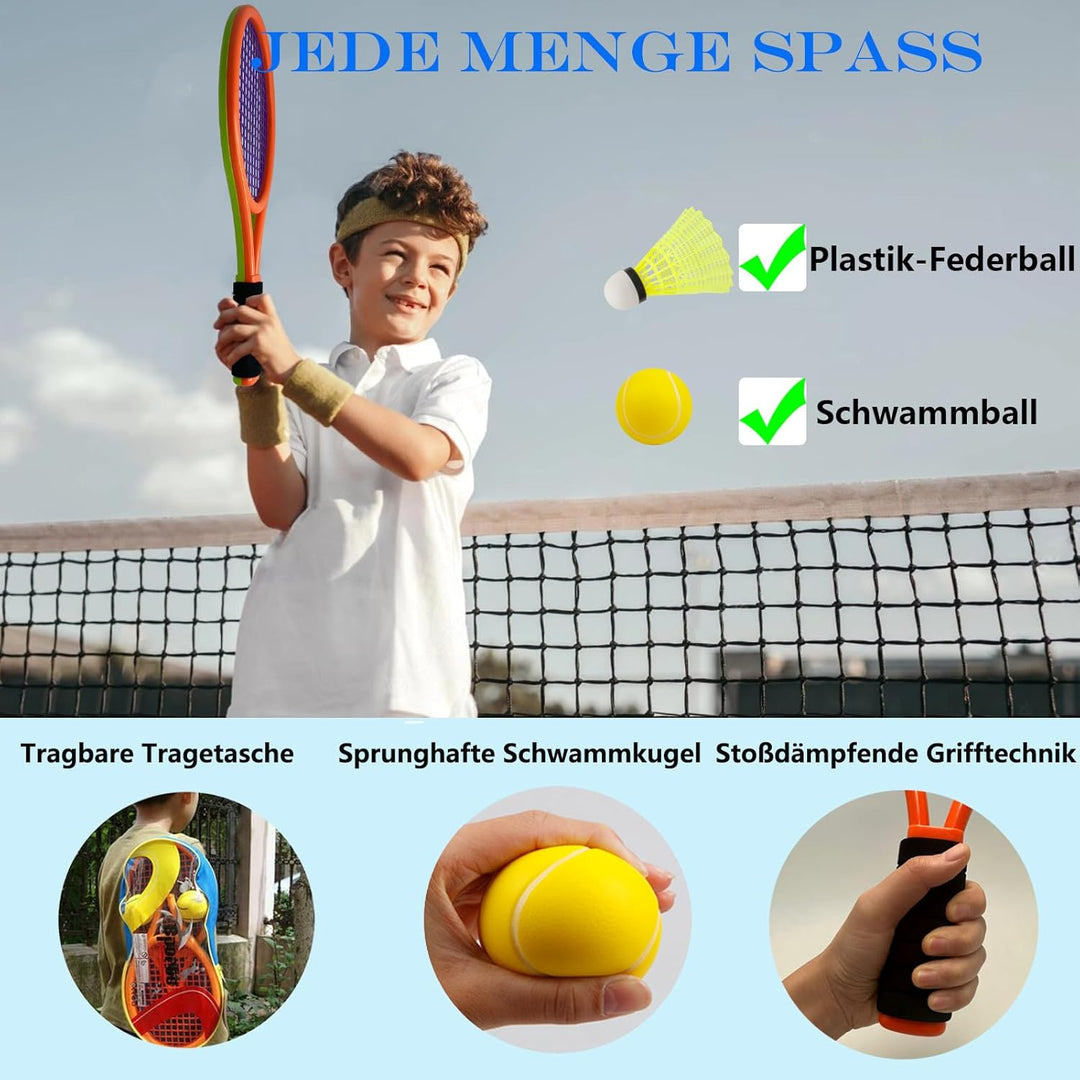 Kinder-Tennisschläger, 17-Zoll-Kunststoff-Tennisschläger mit 4 weichen Bällen und 6 Federbällen für