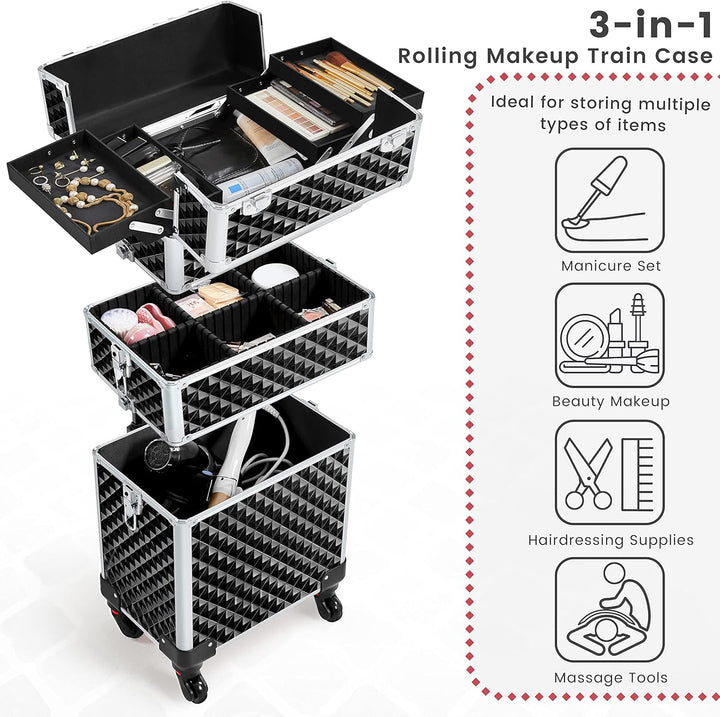 Yaheetech 3-in-1 Kosmetikkoffer, Abschliessbarer Schminkkoffer, Make-up Koffer für Reisen, Grosser T