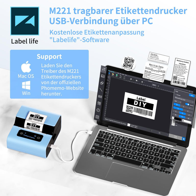 Phomemo M221 Etikettendrucker - 3" Bluetooth Beschriftungsgerät Selbstklebend Mini Wireless Labeldru