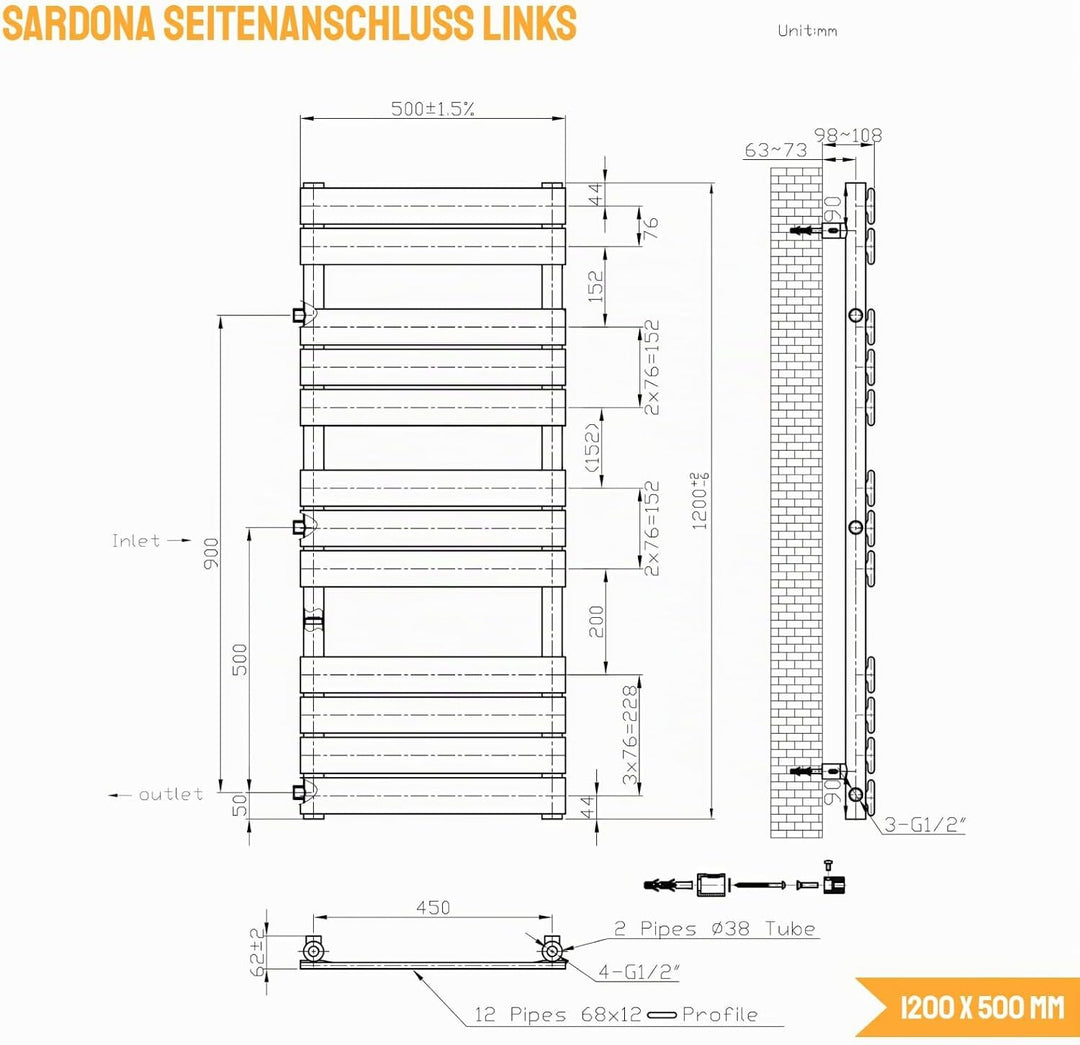 WITEN&amp;NOCK Designheizkörper Badheizkörper 1200x 500 mm Anthrazit Handtuchheizung Handtuchtrockner Se
