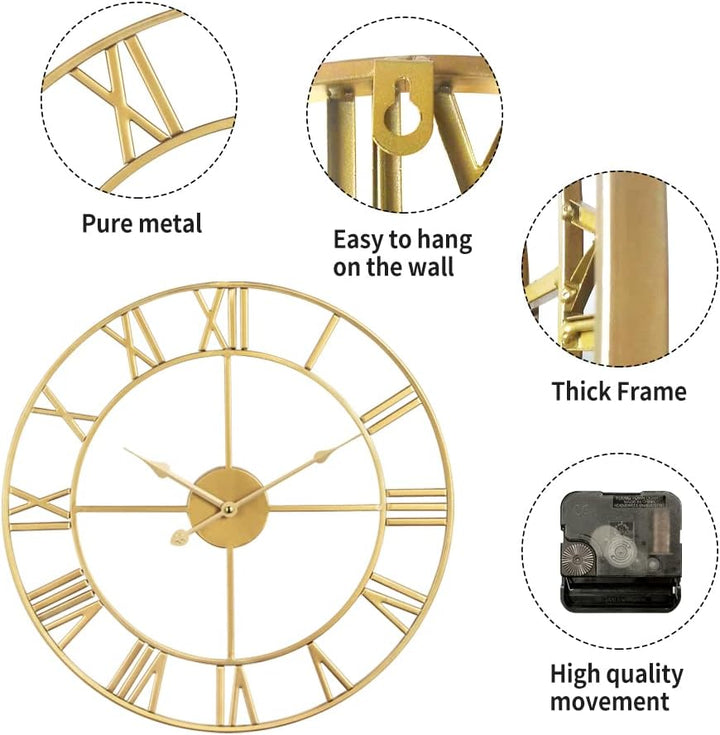Grosse Wanduhr im Vintage-Stil,schwarz Wanduhr rund, Modernes Gold Metall Geräuschlos Nicht tickend,