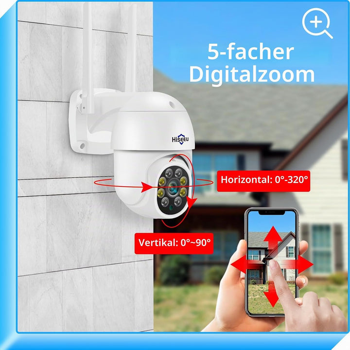 Hiseeu 5 MP Überwachungskamera Aussen-WLAN mit automatischer Verfolgung, 350°/90° schwenkbar, Farbna
