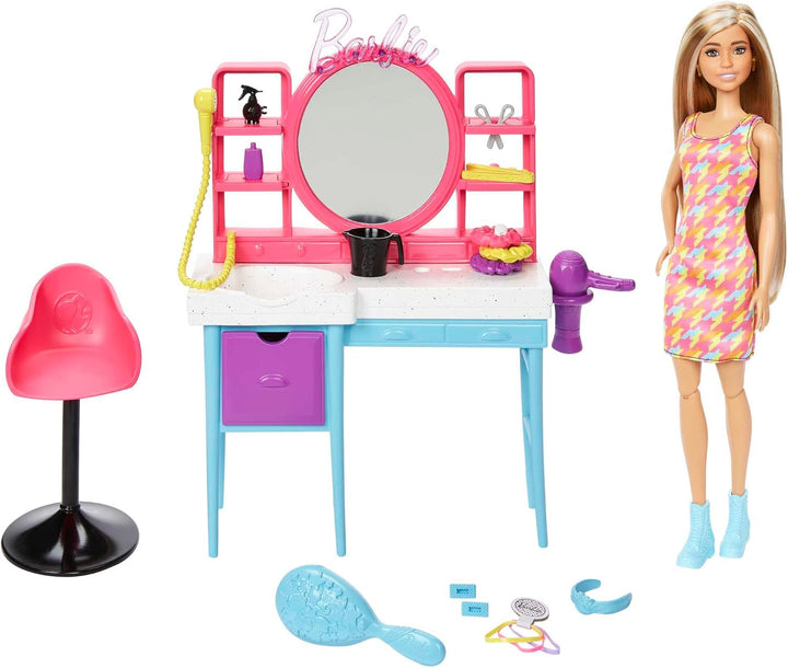 BARBIE Totally Hair Spielset - Puppe, Frisiertisch, 15+ Accessoires, Farbwechseleffekt, für Kinder a